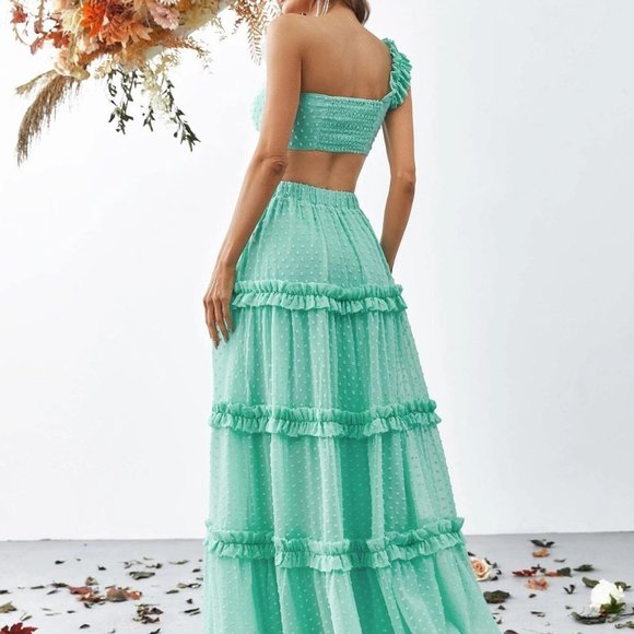 Mint Blue Swiss Dot Ruffle Trim Crop Tube Top & Layer Hem Skirt - Picture 2 of 5